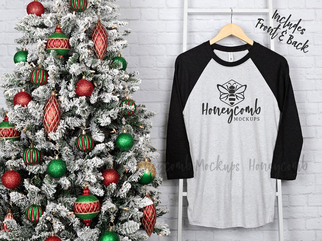 Next Level 6051 Heather White/Vintage Black Raglan Mockup, Christmas Mockup, Baseball Tee Mockup, Front and Back Mockup, Hanging Mockup Mock Up Photo Honeycomb Mockups 