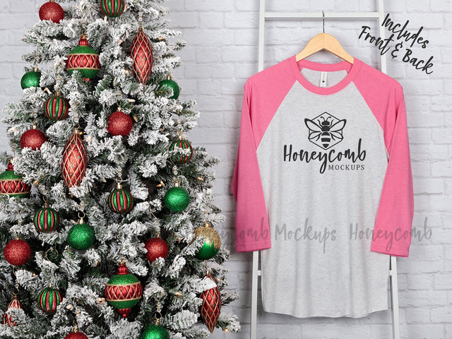Next Level 6051 Heather White/Vintage Pink Raglan Mockup, Christmas Mockup, Baseball Tee Mockup, Front and Back Mockup, Hanging Mockup Mock Up Photo Honeycomb Mockups 