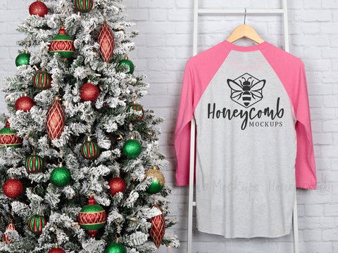 Next Level 6051 Heather White/Vintage Pink Raglan Mockup, Christmas Mockup, Baseball Tee Mockup, Front and Back Mockup, Hanging Mockup Mock Up Photo Honeycomb Mockups 