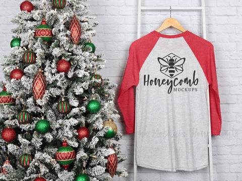 Next Level 6051 Heather White/Vintage Red Raglan Mockup, Christmas Mockup, Baseball Tee Mockup, Front and Back Mockup, Hanging Mockup Mock Up Photo Honeycomb Mockups 
