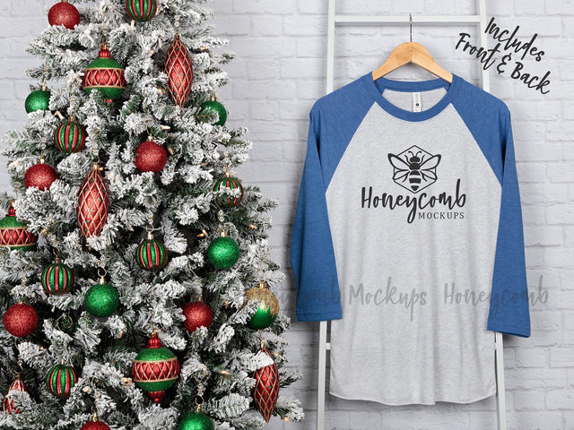 Next Level 6051 Heather White/Vintage Royal Raglan Mockup, Christmas Mockup, Baseball Tee Mockup, Front and Back Mockup, Hanging Mockup Mock Up Photo Honeycomb Mockups 