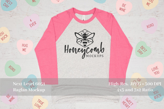 Next Level 6051 Raglan Mockup, Valentines Mockup, Vintage Pink/Heather Raglan Mockup Mock Up Photo Honeycomb Mockups 