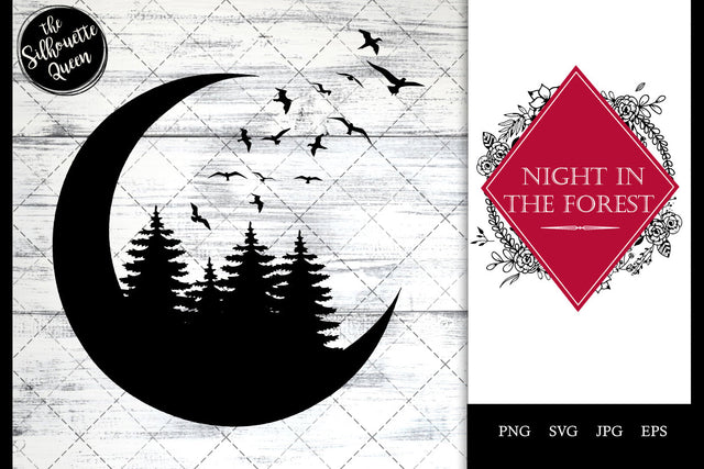 Night in the Forest - Moon, Trees and Birds flying SVG Loveleen Kaur 