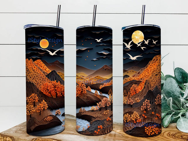 Night Mountains 20oz Skinny Tumbler Sublimation Design, Watercolor Mountain Tumbler Wrap Png, Moon Tumbler, Birds Tumbler, Mountain Tumbler Sublimation iStyleDesign 