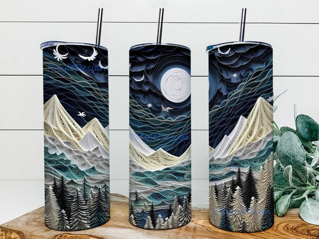 Night Mountains 20oz Skinny Tumbler Sublimation Design, Watercolor Mountain Tumbler Wrap Png, Moon Tumbler, Birds Tumbler, Mountain Tumbler Sublimation iStyleDesign 