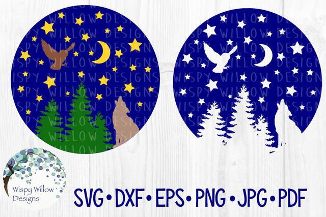 Night Sky Silhouette with Howling Wolf and Owl SVG Wispy Willow Designs 