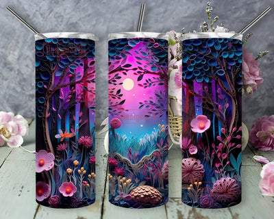 Night Time Forest Landscape With Fireflies 20oz Skinny Tumbler Sublimation Design, Neon Mushrooms Tumbler, Forest Landscape Tumbler, Neon Sunset Forest Png Sublimation DesignSVG 