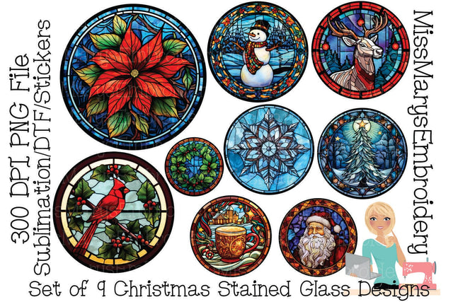 Nine Stained Glass Christmas PNG | Christmas Stickers Set | Christmas Sublimation Sublimation MissMarysEmbroidery 
