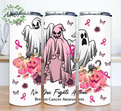 No One Fights Alone Tumbler Png, Breast Cancer Awareness Design Png, Boo Cancer 20oz Skinny Tumbler, Halloween Cancer Tumbler With Lid And Straw, Instant Download Sublimation AdriOP 