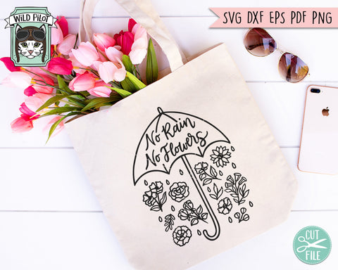 No Rain No Flowers SVG file, Floral Umbrella svg, Umbrella with Flowers svg, Positive Quotes SVG, Positive Affirmations svg, Inspirational Quote svg SVG Wild Pilot 