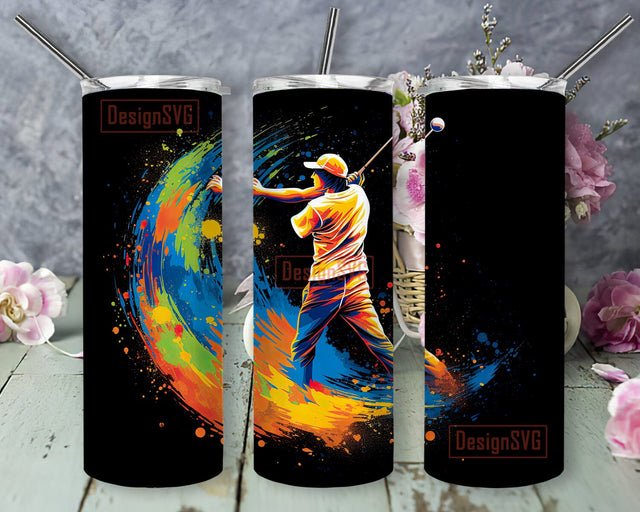 Noen Golfer 20oz Skinny Tumbler Png, A Dynamic Design Featuring A Golf Ball Soaring Through The Air With Trails Of Vibrant Colors Png, Golf Ball Tumbler Sublimation DesignSVG 