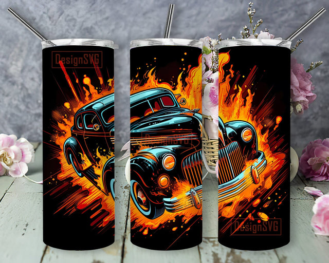Noen Hot Rod 20oz Skinny Tumbler Png, Dynamic Design Showcasing A Hotrod Bursting Through A Wall Of Flames Png, Vintage Car Png, American Hotrod Retro Png Sublimation DesignSVG 