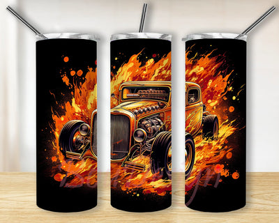 Noen Orange Hotrod 20oz Skinny Tumbler Png, Dynamic Design Showcasing A Hotrod Bursting Through A Wall Of Flames Png, Vintage Car Png, American Hotrod Retro Png Sublimation BouDesign 