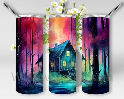 Noen Watercolor Forest Log Cabin 20oz Skinny Tumbler Png, Watercolor Log Cabin Tumbler, Cabin In The Woods, Forest House, Favourite Place, Instant Download Sublimation WillowSageDesign 
