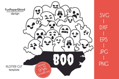 North Carolina NC state map Cute Halloween Boo scary ghosts faces SVG DXF EPS PNG JPEG SVG FunPaperWood 