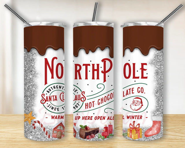 North Pole 20oz Skinny Tumbler, Hot Chocolate Tumbler Png, Christmas Glitter Tumbler Wrap, Merry Christmas Tumbler Template, Digital Download Sublimation BouDesign 