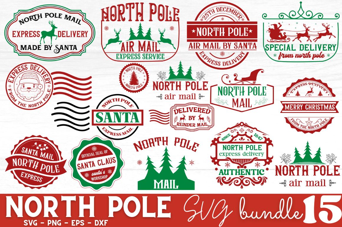 Santa mail stamps bundle SVG,santa sack north pole stamp svg - So Fontsy