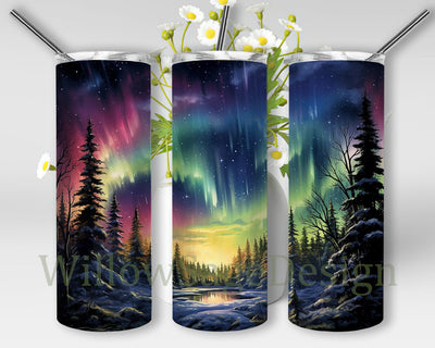 Northern Lights 20oz Skinny Tumbler Png, The Lights In The Sky With A Painting Of A Forest And Trees Png, Northern Lights Night Sky Png, Colorful Woodcarvings Tumbler Sublimation WillowSageDesign 