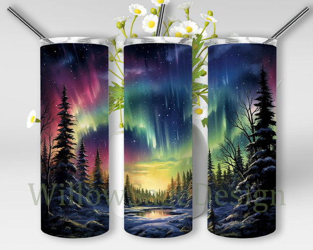 Northern Lights 20oz Skinny Tumbler Png, The Lights In The Sky With A Painting Of A Forest And Trees Png, Northern Lights Night Sky Png, Colorful Woodcarvings Tumbler Sublimation WillowSageDesign 