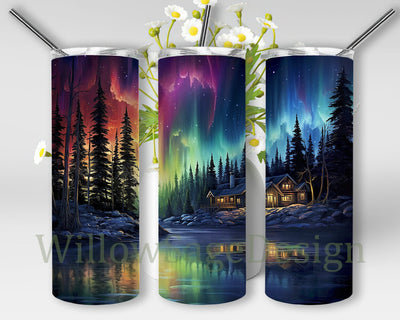 Northern Lights 20oz Skinny Tumbler Png, The Lights In The Sky With A Painting Of A Forest And Trees Png, Northern Lights Night Sky Png, Colorful Woodcarvings Tumbler Sublimation WillowSageDesign 