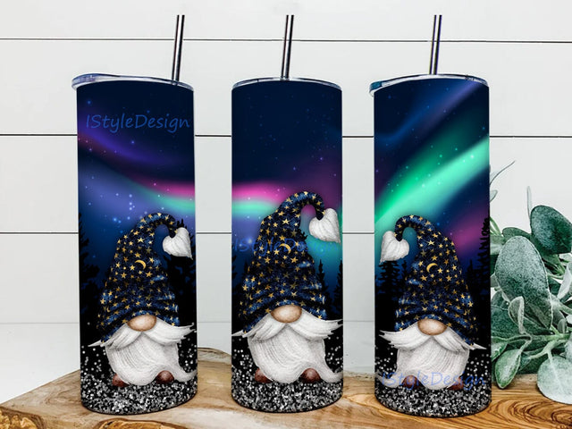 Northern Lights Gnome 20oz Skinny Tumbler Png, Northern Lights Night Sky Png, Gnome Tumbler, Gnome Lover Tumbler, Stainless Steel Travel Tumbler Sublimation iStyleDesign 