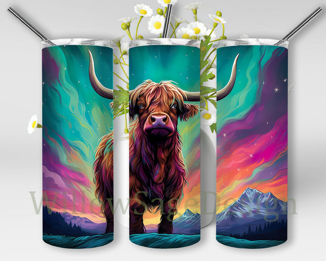 Northern Lights Highland Cow 20oz Skinny Tumbler Png, Baby Highland Cow Tumbler, Colorful Northern Lights Highland Cow Tumbler Wrap Png, Baby Highland Cow Png Sublimation WillowSageDesign 