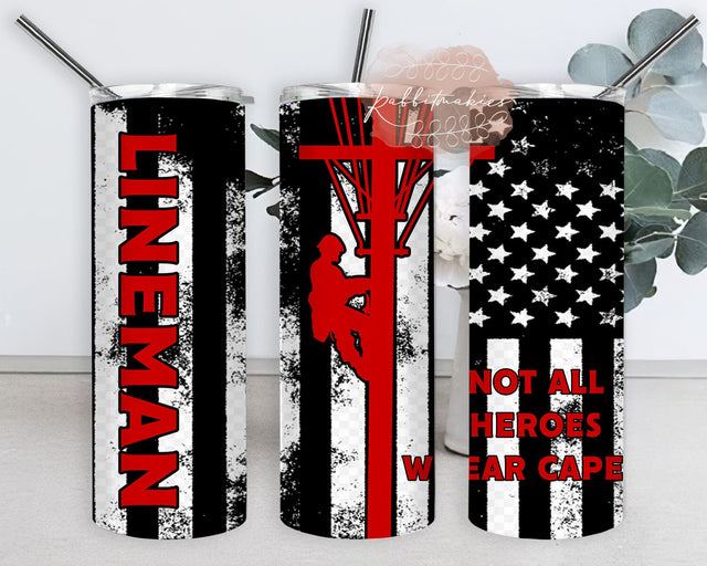 Not All Heroes Wear Capes Tumbler Png, Lineman 20oz Skinny Tumbler, American Flag Tumbler Wrap, Lineman Flag Tumbler Template, Instant Download Sublimation Rabbitmakies 