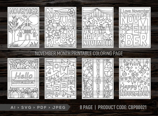 November Month Printable Coloring Page Bundle, PDF Colouring Book, Instant Download, CBP00021 SVG ETC Craft 