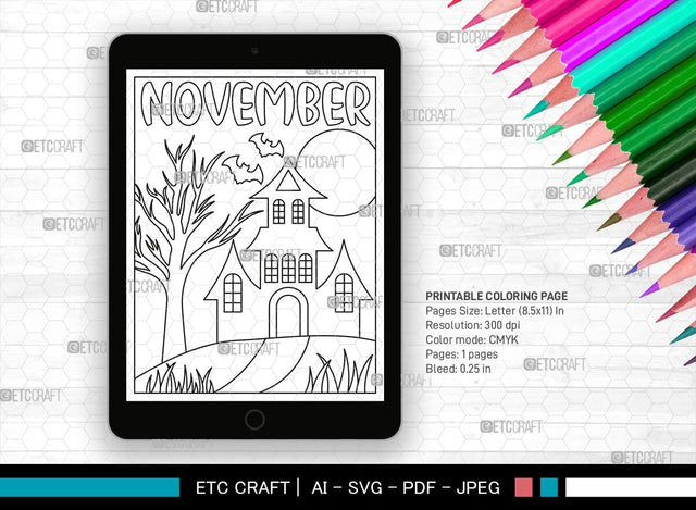 November Month Printable Coloring Page Cut File, PDF Colouring Book, Instant Download, CBP00021 SVG ETC Craft 