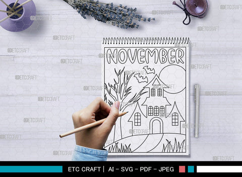 November Month Printable Coloring Page Cut File, PDF Colouring Book, Instant Download, CBP00021 SVG ETC Craft 