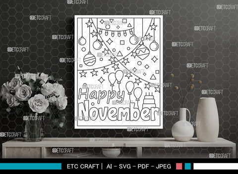 November Month Printable Coloring Page Cut File, PDF Colouring Book, Instant Download, CBP00021 SVG ETC Craft 