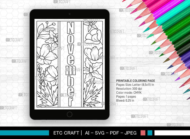 November Month Printable Coloring Page Cut File, PDF Colouring Book, Instant Download, CBP00021 SVG ETC Craft 