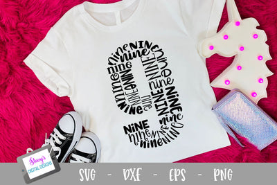 Number Nine Word Art - 9 - Ninth Birthday SVG SVG Stacy's Digital Designs 