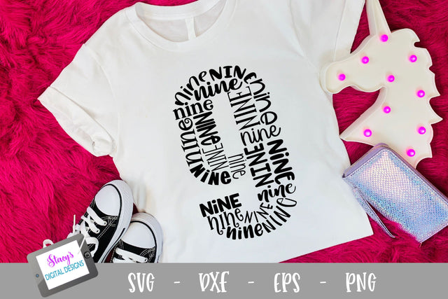Number Nine Word Art - 9 - Ninth Birthday SVG SVG Stacy's Digital Designs 
