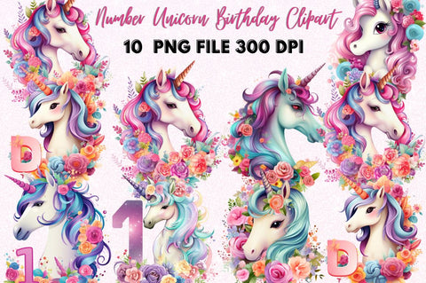 Number Unicorn Birthday Clipart Bundle Sublimation Regulrcrative 