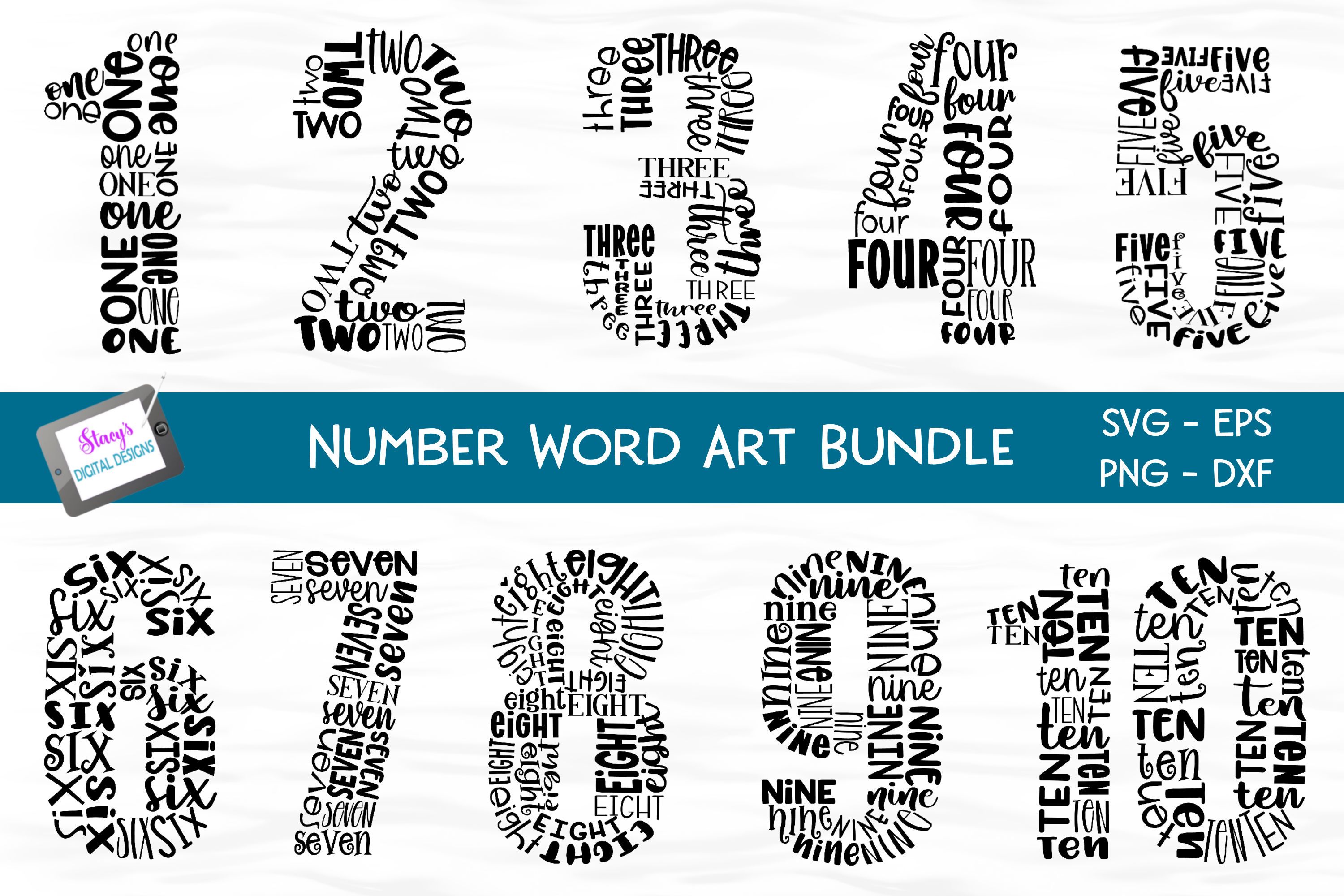 Numbers Designs Textart Number Word Art Bundle - 10 Number Typography Designs - So Fontsy