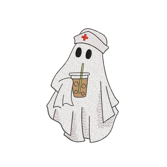 Nurse Ghost with Iced Coffee Embroidery Design, Halloween Ghost Machine Embroidery Design, 3 sizes, Instant Download Embroidery/Applique DESIGNS Nino Nadaraia 