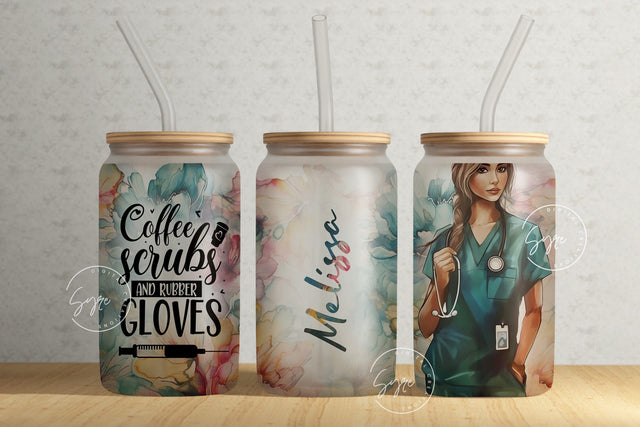 Nurse Glass Can, Nurse Life Tumbler, Alcohol Ink Floral Wrap, Coffee Scrubs and Rubber Gloves, 16oz Libbey Glass Can Tumbler, Add Your Name Sublimation Syre Digital Creations 