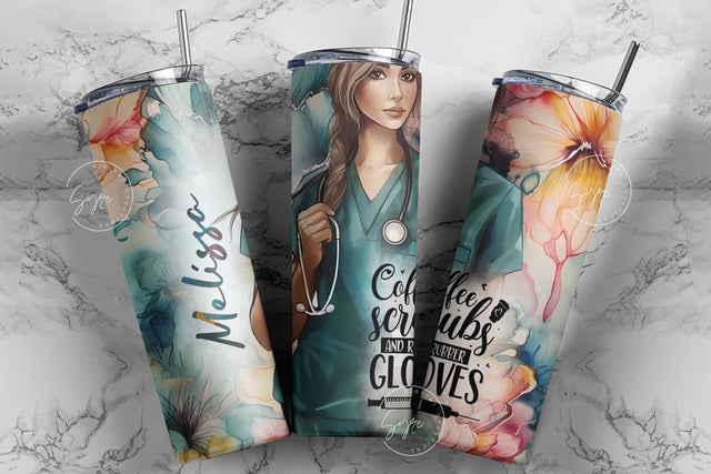 Nurse Glass Can, Nurse Life Tumbler, Alcohol Ink Floral Wrap, Coffee Scrubs and Rubber Gloves, Add Your Name, 20 oz Skinny Tumbler Design Sublimation Syre Digital Creations 