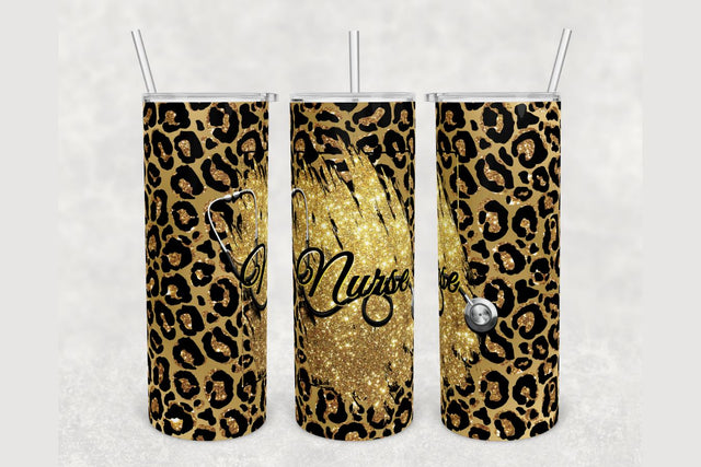 Nurse Leopard Gold Glitter Tumbler sublimation design 20 oz skinny tumbler wrap Sublimation BambinaCreations 