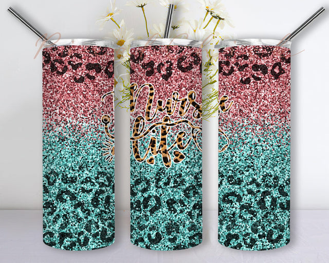 Nurse Life Tumbler Design, Nurse Leopard 20oz Skinny Tumbler, Stethoscope Design Png, Leopard Glitter Tumbler Wrap, Nursing Design Png, Digital Download Sublimation PixelChick 