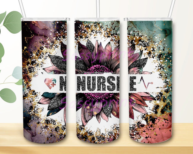 Nurse Pink Sunflower Tumbler PNG, Nurse Pink Glitter Sunflower Tumbler Sublimation Design Download, Seamless 20oz Skinny Tumbler Design PNG Sublimation sassyprint 