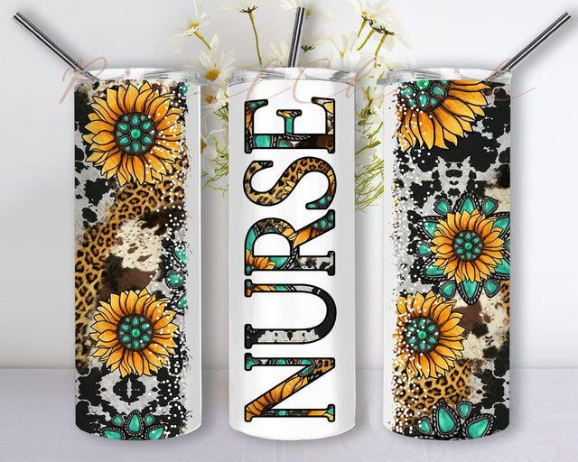 Nurse Sunflower Turquoise Gemstone And Leopard 20oz Skinny Tumbler Png, Cowhide Distressed Tumbler, Western Tumbler, Sunflowers Nurse Png Sublimation PixelChick 