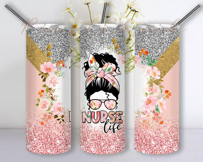 Nurse Tumbler Wrap Sublimation Design, Nurse Tumbler PNG, Floral Glitter Nurse Pink 20oz Skinny Tumbler Wraps Templates Sublimation PixelChick 