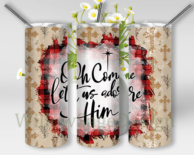 O Come Let us Adore Him Design Png, Christmas Christian 20oz Skinny Tumbler, Cross Buffalo Plaid Tumbler Wrap, Jesus Sublimation Design, Digital Download Sublimation WillowSageDesign 