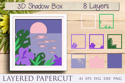 Ocean and tropical flowers shadow box svg, 3d layered summer papercut 3D Paper AnastasiyaArtDesign 