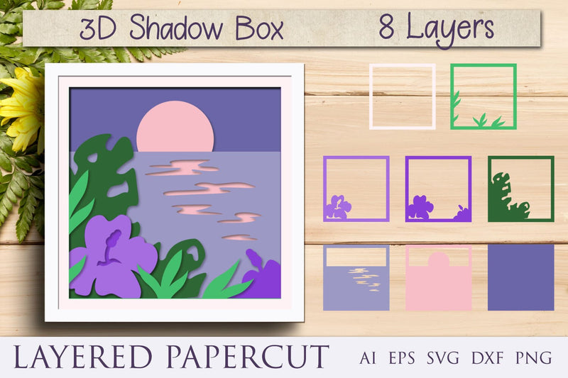 Ocean and tropical flowers shadow box svg, 3d layered summer papercut ...