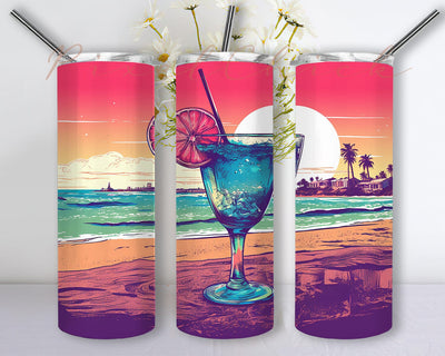 Ocean Beach Scene With A Margarita 20oz Skinny Tumbler Sublimation Design, Sunset Ocean Beach Palms Tumbler, Margarita Summer Tumbler, Summer Drink Tumbler Design Sublimation PixelChick 