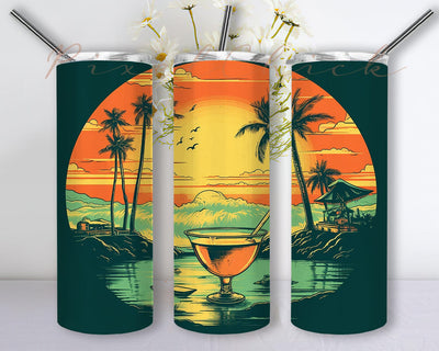 Ocean Beach Scene With A Margarita 20oz Skinny Tumbler Sublimation Design, Sunset Ocean Beach Palms Tumbler, Margarita Summer Tumbler, Summer Drink Tumbler Design Sublimation PixelChick 