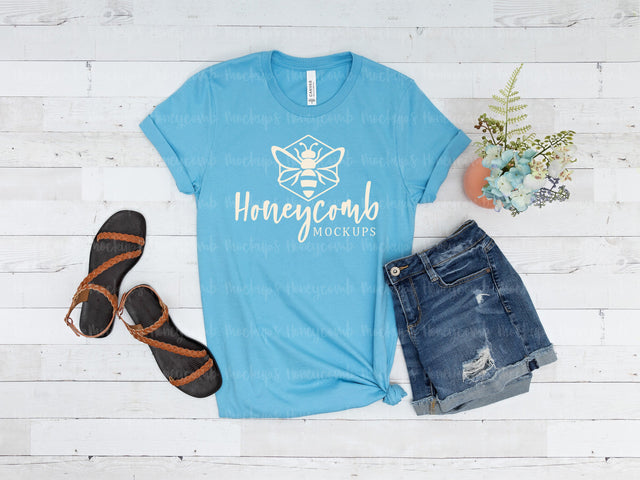 Ocean Blue Bella Canvas 3001 Mockup, Blue T-Shirt Mockup Mock Up Photo Honeycomb Mockups 